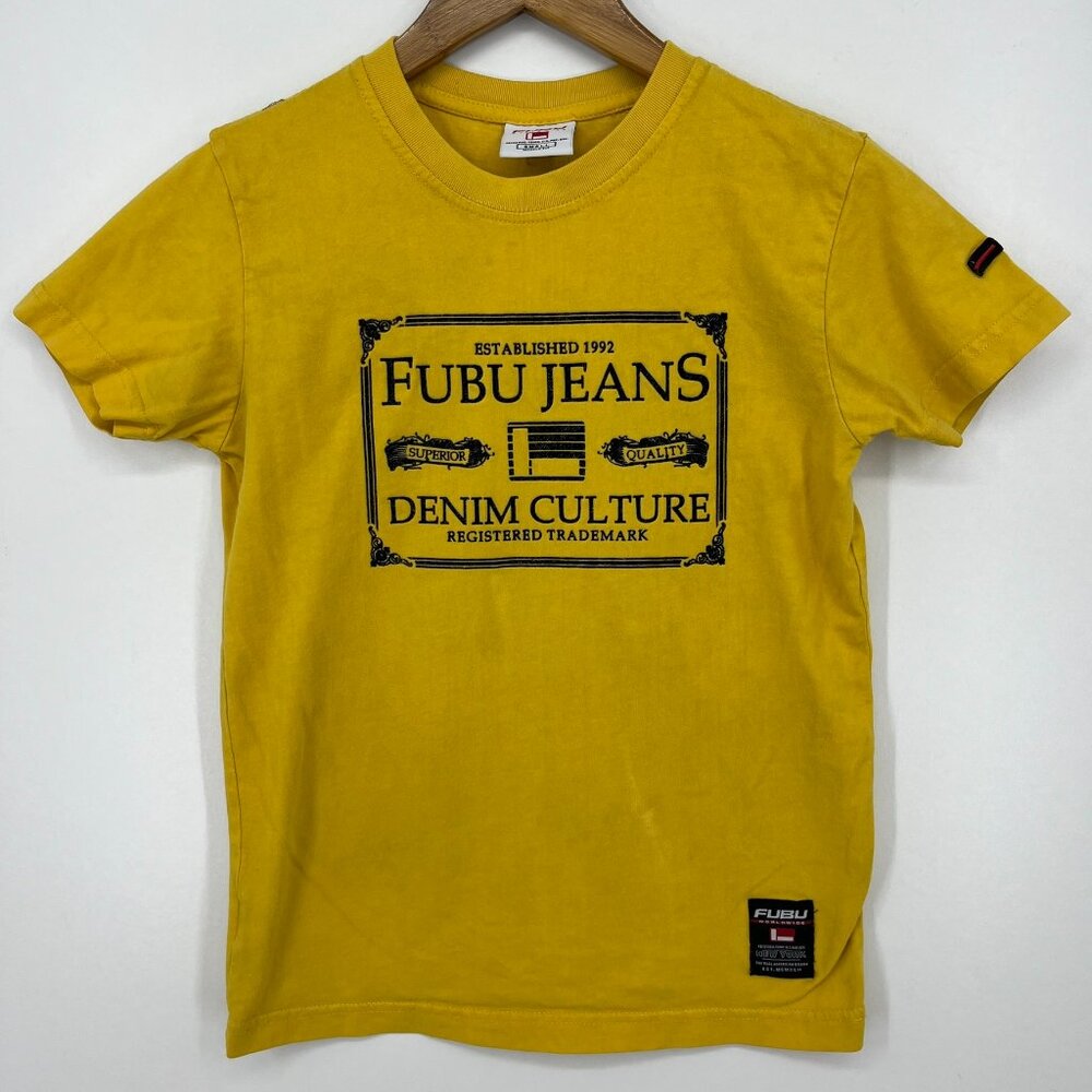Fubu T-Shirt Women's Size S Yellow Muscle‎ Fit Embroidered Logo Y2K